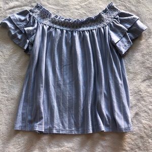 Light blue and white striped off the shoulder